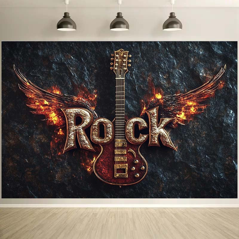 Rock Music Guitar Wall Art Flame Wings Design Band Room Decor Heavy Metal Theme 2D Flat Print Home Decoration