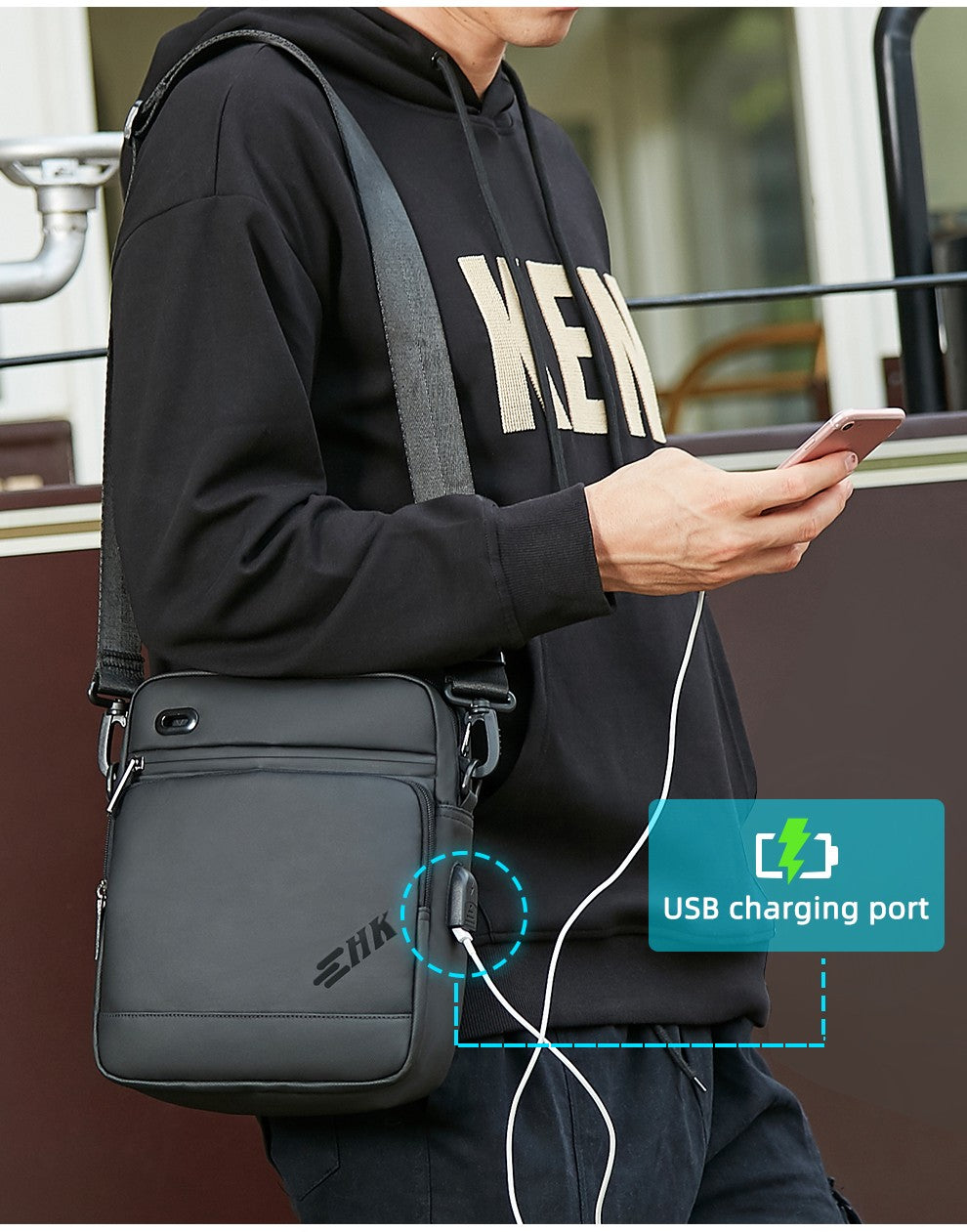 HK Casual Men's Shoulder Bag Large Crossbody Bag USB Charging Travel Sports Chest Bags Waterproof Sling Pack With Headphone Jack