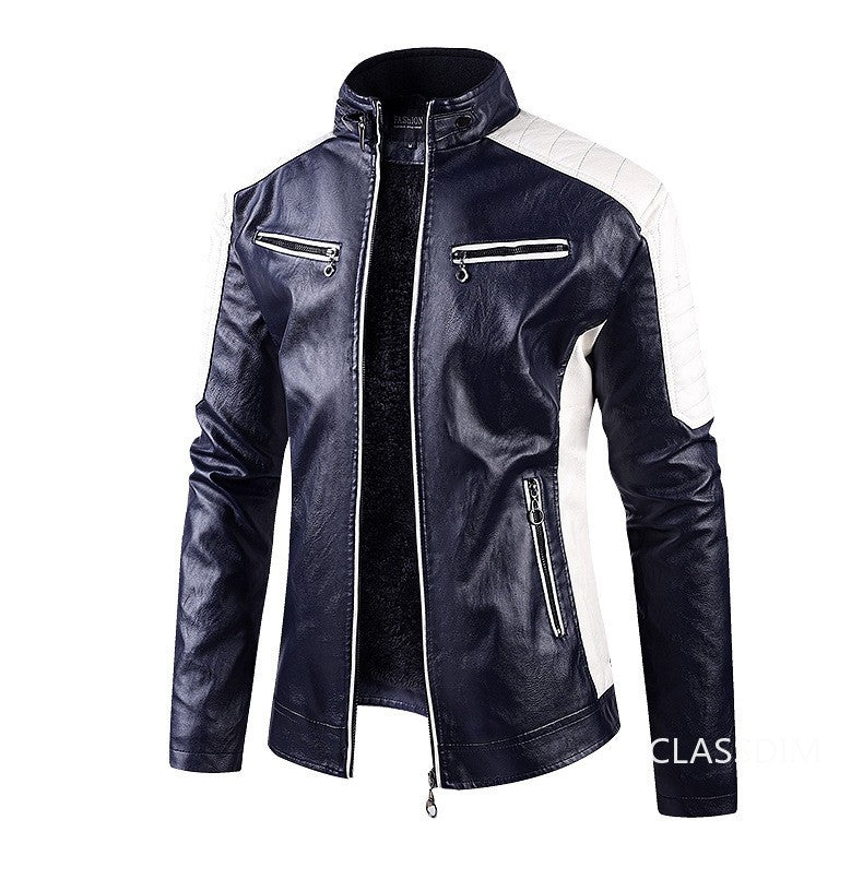 Men Stand Collar Moto Leather Jackets Fleece Winter Jackets Slim Fit PU Leather Coats High Quality Male Fashion Casual Jackets 5