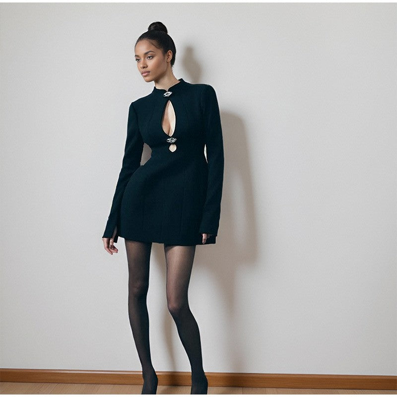 Black Hollow Out Mini A-line Dress Women Sexy Round Neck Long Sleeve Waist Cinching Dresses 2025 Lady Chic Party Club Robe
