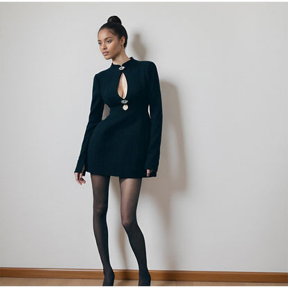 Black Hollow Out Mini A-line Dress Women Sexy Round Neck Long Sleeve Waist Cinching Dresses 2025 Lady Chic Party Club Robe