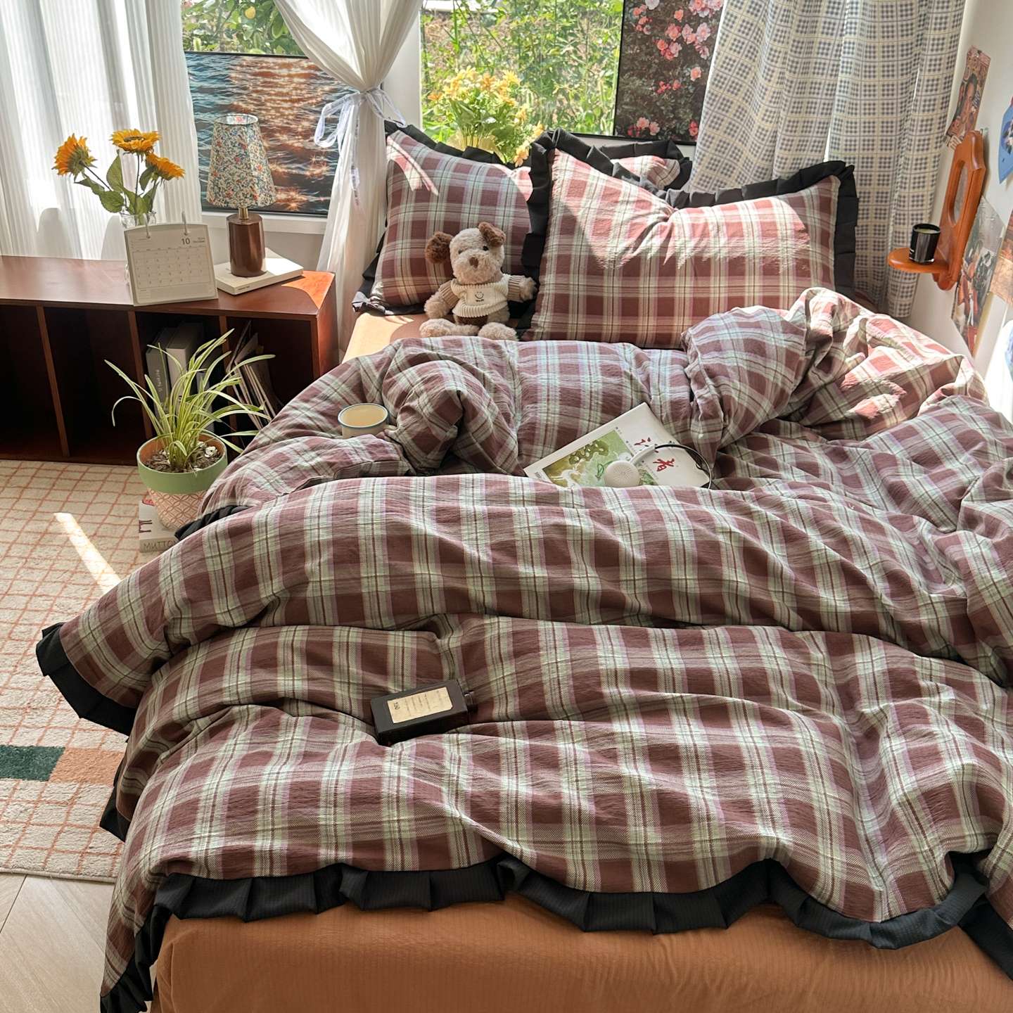 Plaid Bedding Set Double Yarn Classic Vintage Duvet Cover Set Flat Sheets Set 2 Pillowcases Single Twin Full Queen Size