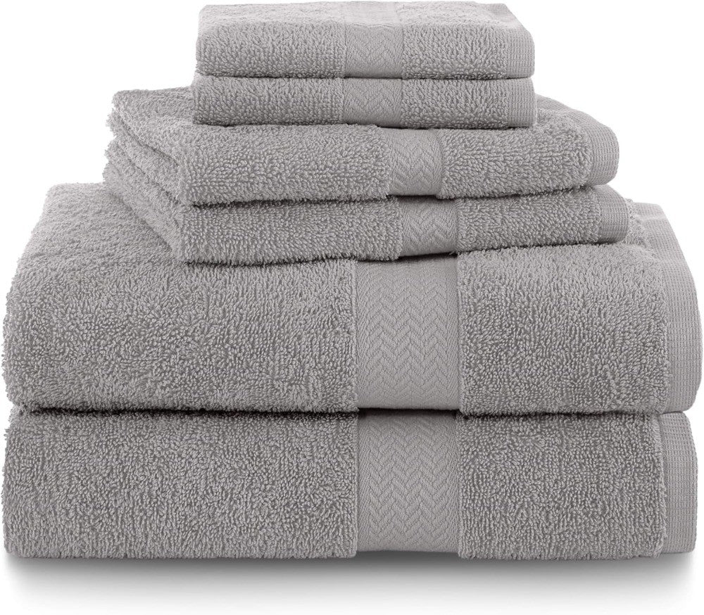 6-Piece Quick Dry Cotton Towel Set | Super Absorbent & Soft | 2 Bath, 2 Hand, 2 Wash Cloths in Silver