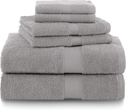 6-Piece Quick Dry Cotton Towel Set | Super Absorbent & Soft | 2 Bath, 2 Hand, 2 Wash Cloths in Silver