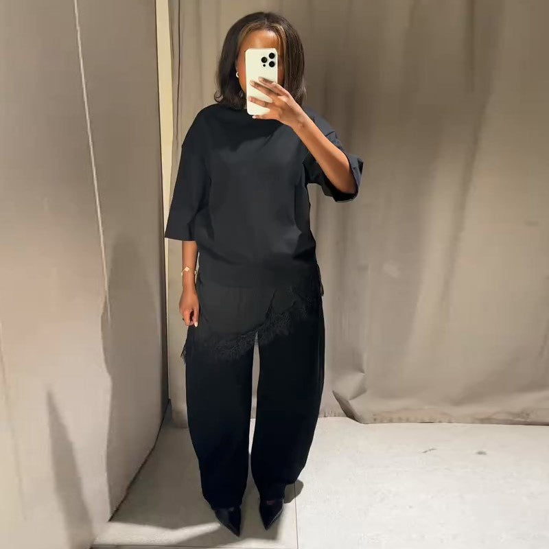 Fashion Lace Patchwork Mid Sleeve Tops for Women Elegant O Neck Loose Female T-shirt Spring New Lady Solid Shirts High Street