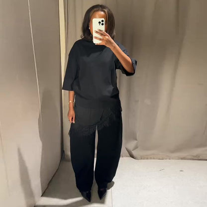 Fashion Lace Patchwork Mid Sleeve Tops for Women Elegant O Neck Loose Female T-shirt Spring New Lady Solid Shirts High Street