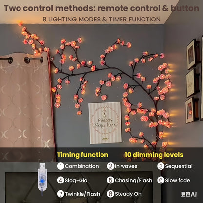 Cherry LED Tree Branch Lights 8 Modes USB Powered Cherry Blossom Branch Decoration Night Lights for Indoor Home Walls and Doors