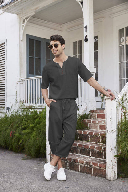 Summer Cotton Linen Shirt Set Men's Casual Outdoor 2-Piece Suit Andhome Clothes Pajamas Comfy Breathable Beach Short Sleeve Sets