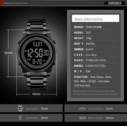 SKMEI Luxury Waterproof Watch for Men Stainless Steel Electronic Sports Digital Mens Wristwatches Man Clock Reloj Masculino 1611