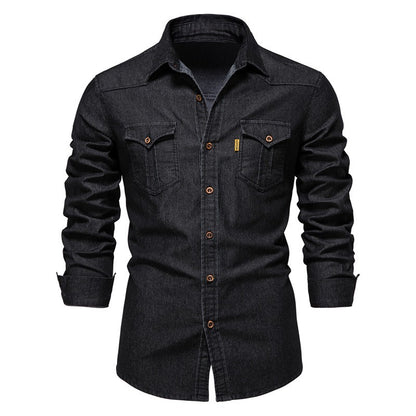 2025 Spring Men's Denim Shirt 100% Cotton Elastic Casual Slim Fit Streetwear Clothing Long Sleeve Multiple Pockets Cowboy Shirts