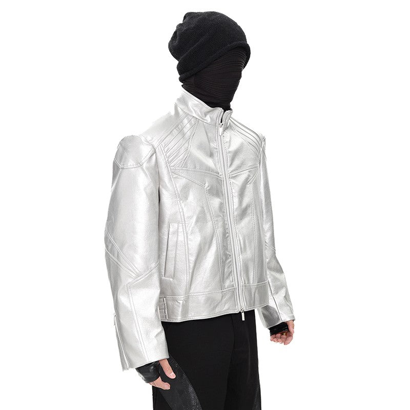 FEWQ Niche Design Men's PU Leather Coats Stand Collar Solid Color Zipper Metal Design Shoulder Pads Male Short Jacket 24K5931