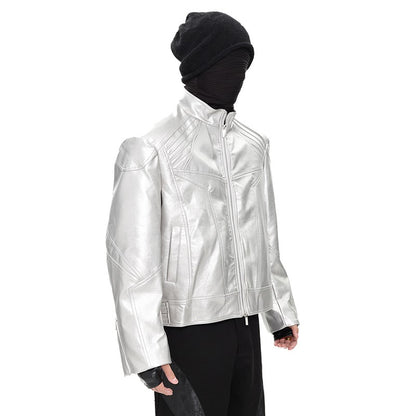 FEWQ Niche Design Men's PU Leather Coats Stand Collar Solid Color Zipper Metal Design Shoulder Pads Male Short Jacket 24K5931