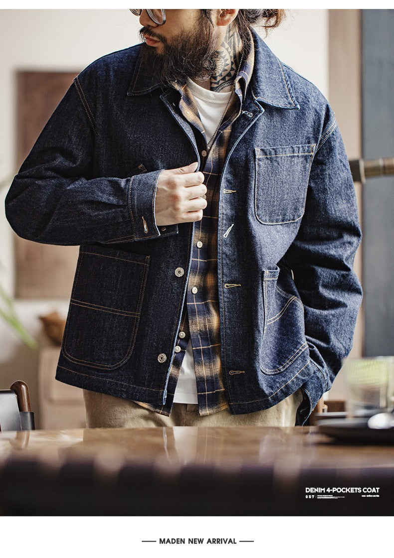 Maden Vintage Asymmetrical Four-pocket Design Denim Coat for Men 14OZ Single-breasted Turn-down Collar Jacket Autumn Work Coat
