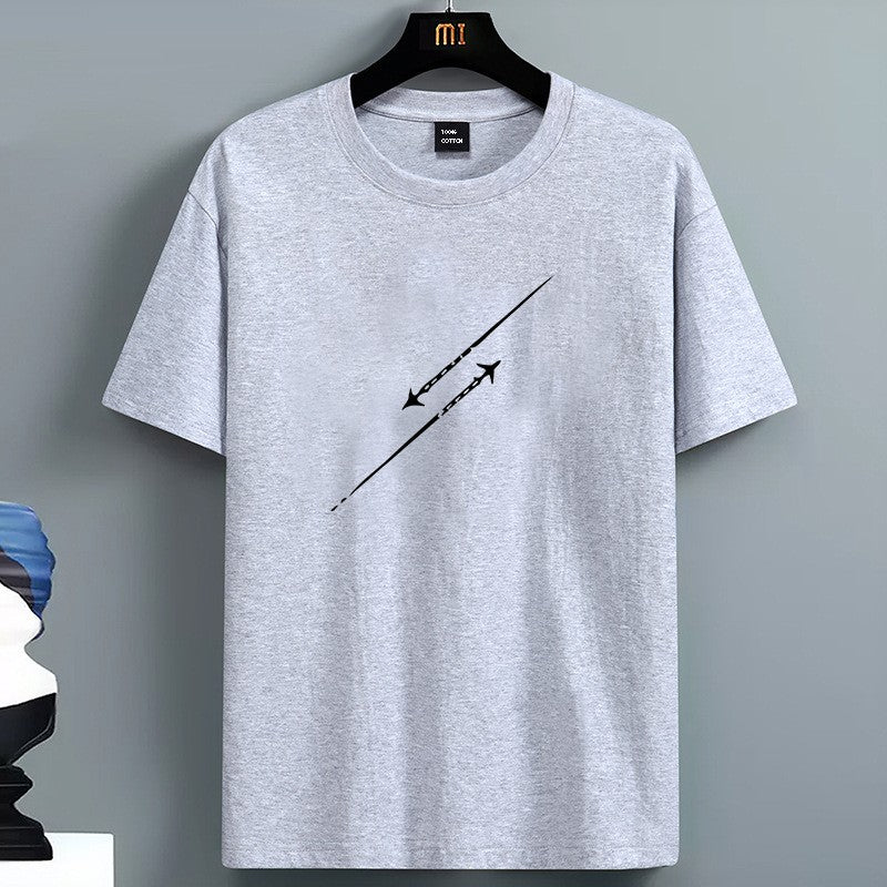Men's Summer 100 Pure Cotton Fashionable Casual Loose Minimalist Airplane Pattern Printed Round Neck Short Sleeved T-shirt Top