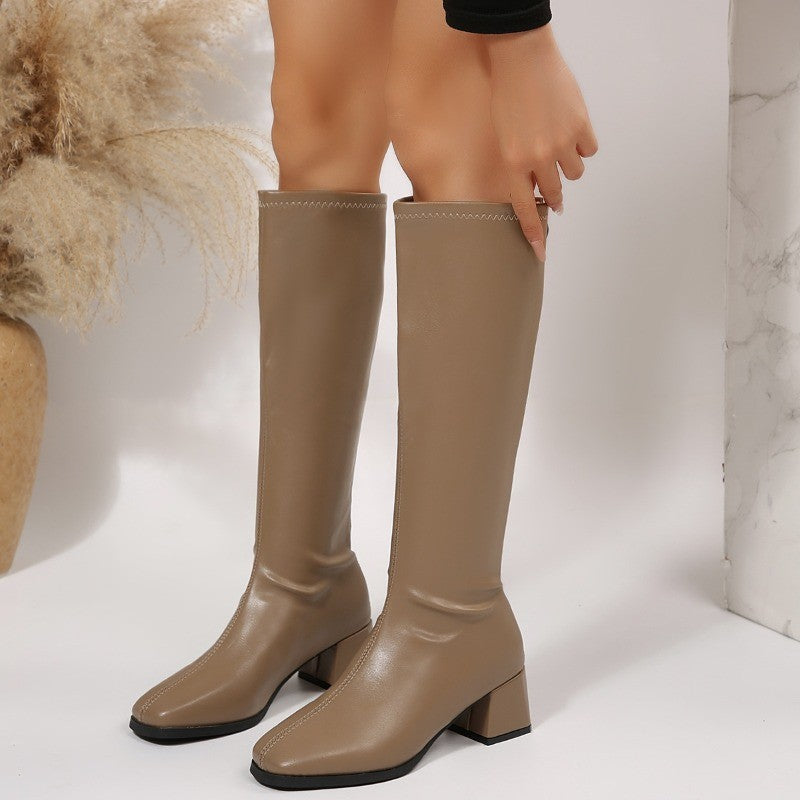 Winter Women Knee High Boots Cosy Soft Leather Thick Heel Shoes Female Vintage Slim Long Booties Zapatos De Muje