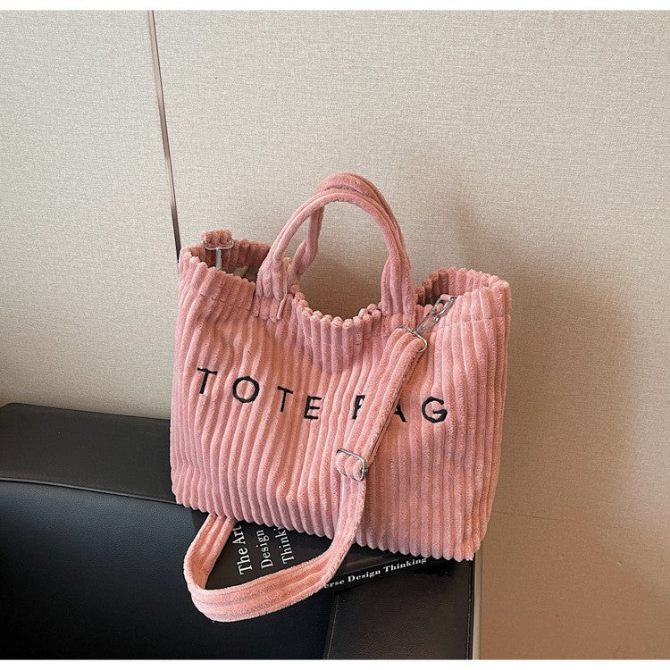 Large Capacity Striped Velvet Handbag Shoulder Bag for Woman Handbags Crossbody Bags, Versatile Letter Corduroy Women's Tote Bag