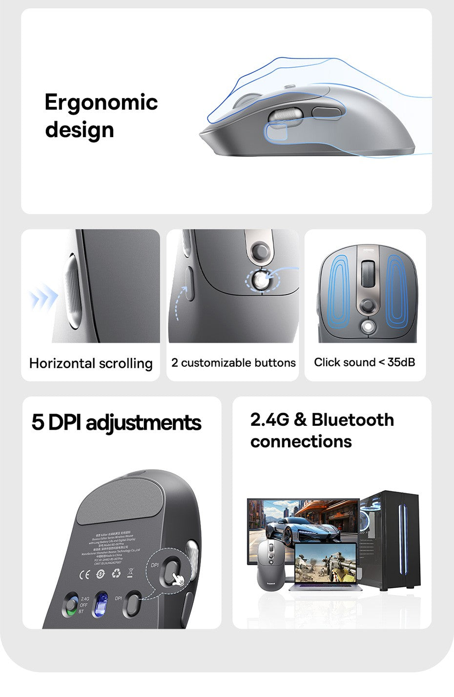 Mouse Sem Fio Baseus Editor Pro Bluetooth 5.1 Modo Duplo Bateria de Longa Duração Recarregável Ergonômico de Escritório com Display