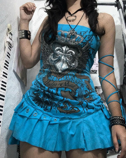 Aesthetic Y2k girl suspenders Top Y2k Clothes blue Gothic bow Slimming Bottom for Women dress Sexy Girls high street character