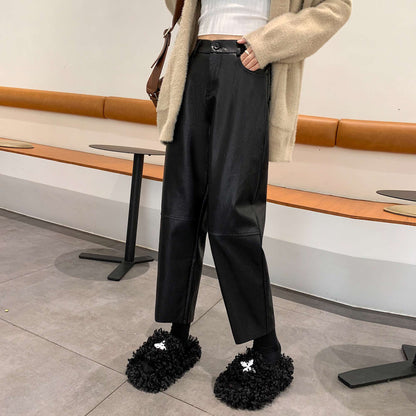 Autumn Winter PU Leather Vintage Women's Ankle Length Pants 2024 New High Waist Zipper Black Straight Pants Female Pockets