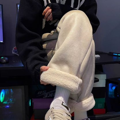 Women's Suede Thickened Straight Leg Pants Korean Style Wide Leg Autumn Winter New Student Fashion Casual Trousers