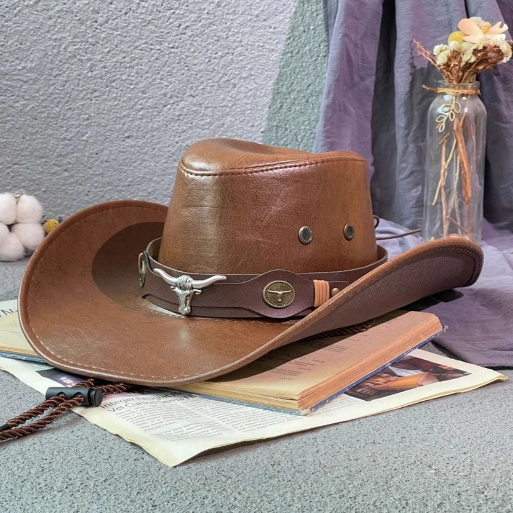 Chapéu de Cowboy Ocidental de Couro PU Simples com Aba Larga e Cordão, Boné Bucket com Proteção Solar, Chapéu para Viagem ao Ar Livre, Chapéu de Caminhada, Chapéu de Pescador, Chapéu de Viagem