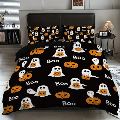 3 capas de edredom fofas de fantasma de Halloween, 1 capa de edredom + 2 fronhas, sem enchimento. Conjunto de cama macio e confortável, lavável à máquina