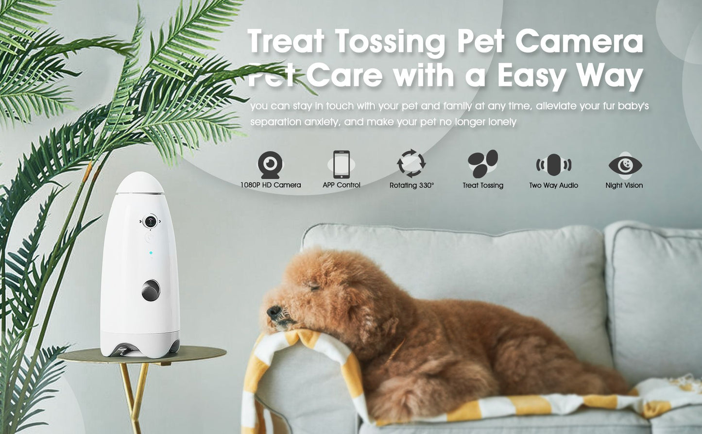 Câmera Inteligente 1080p Pequena para Cães com Dispensador de Petiscos, Visão 180°, Câmera para Cães com Arremesso de Petiscos com App para Celular, Áudio Bidirecional Android e iOS