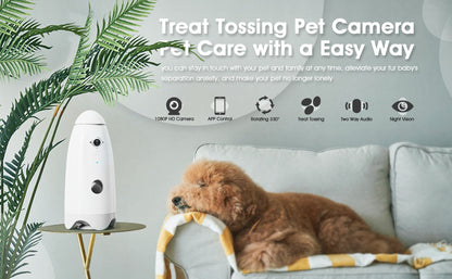 Câmera Inteligente 1080p Pequena para Cães com Dispensador de Petiscos, Visão 180°, Câmera para Cães com Arremesso de Petiscos com App para Celular, Áudio Bidirecional Android e iOS