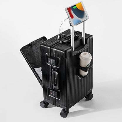Mala de Viagem com Abertura Frontal, Estrutura de Liga de Alumínio, Trava, Plug USB para Carregamento, Rodas Giratórias e Alça Retrátil