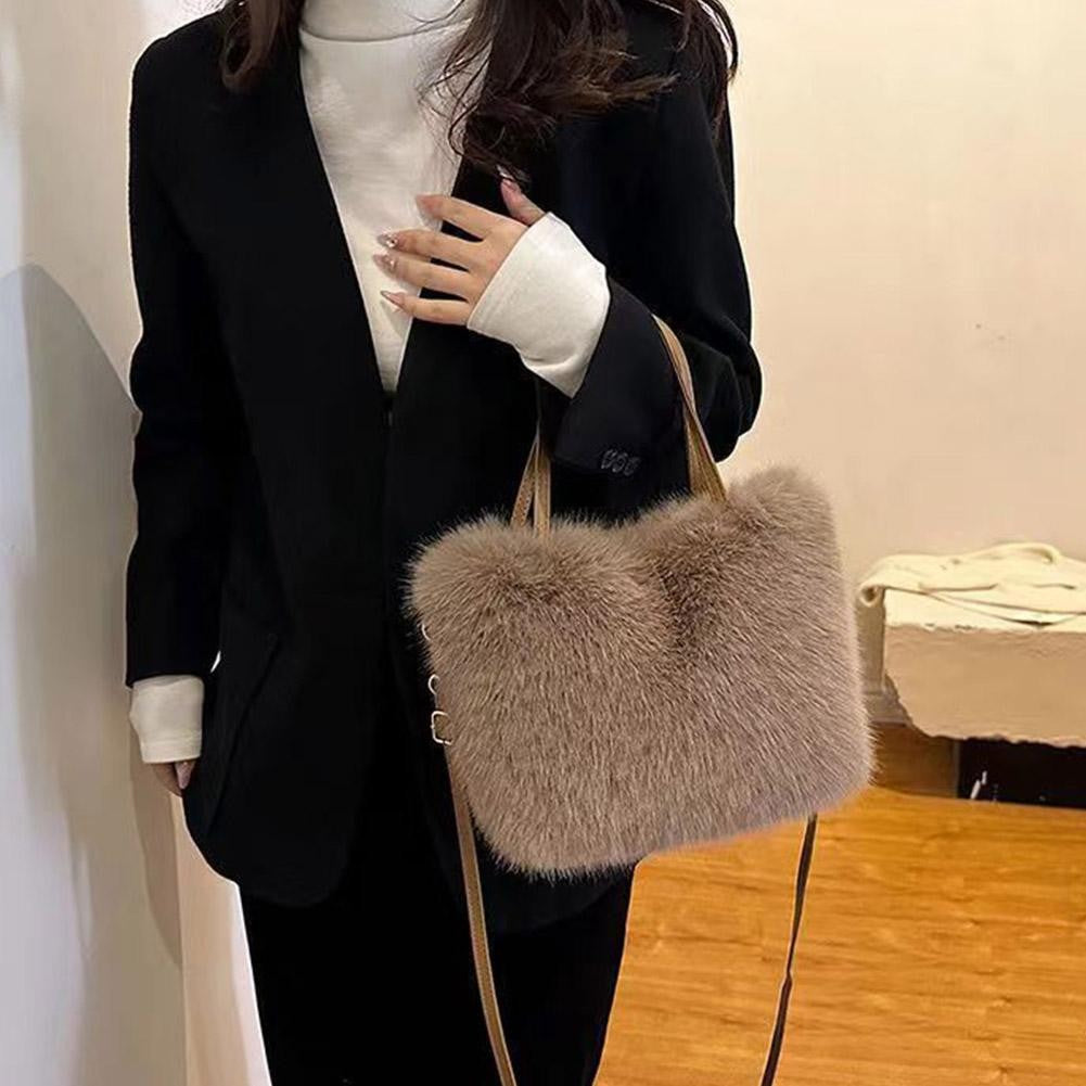 Faux Fur Tote Bag Women's Bucket Plush Light Luxury Ladies Handbags Soft Winter Crossbody Shoulder Bags