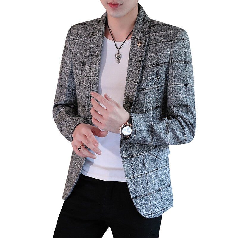 Men's casual plaid suit jacket, fashionable and versatile slim-fitting top, stylish plaid suit