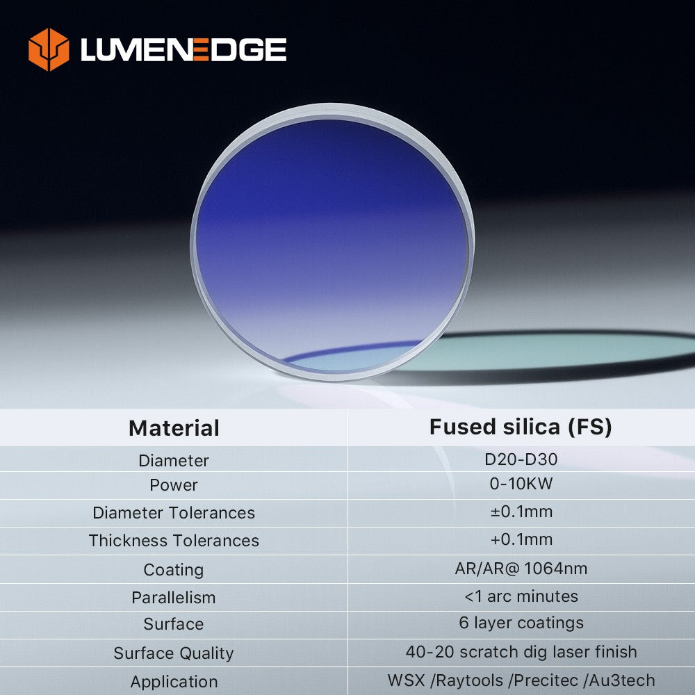 10pçs Janelas de Proteção a Laser LUMENEDGE 27.9*4.1 30*5 37*7 Lente de Sílica Fundida 1064nm para Cabeçote Laser Raytools/WSX/Precitec