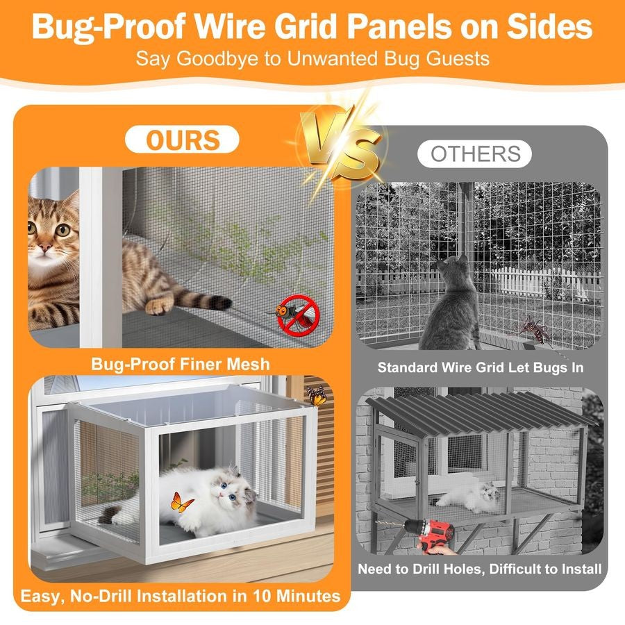 Catio para Janela, Gabinete para Gatos Interno e Externo com Painéis Transparentes, Laterais de Malha e Cortina de PVC, Poleiro Universal para Janelas