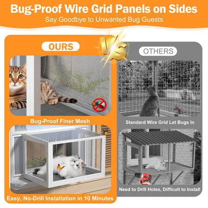 Catio para Janela, Gabinete para Gatos Interno e Externo com Painéis Transparentes, Laterais de Malha e Cortina de PVC, Poleiro Universal para Janelas