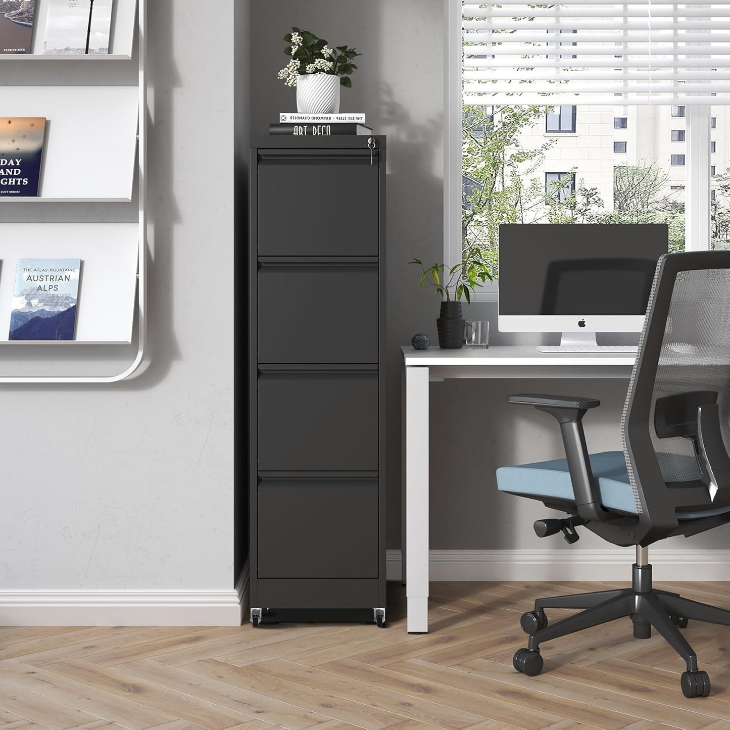 4 Drawer Mobile File Cabinet, Metal Filing Cabinet with Lock and Wheels, Home Office Rolling File Cabinets for Legal/Letter