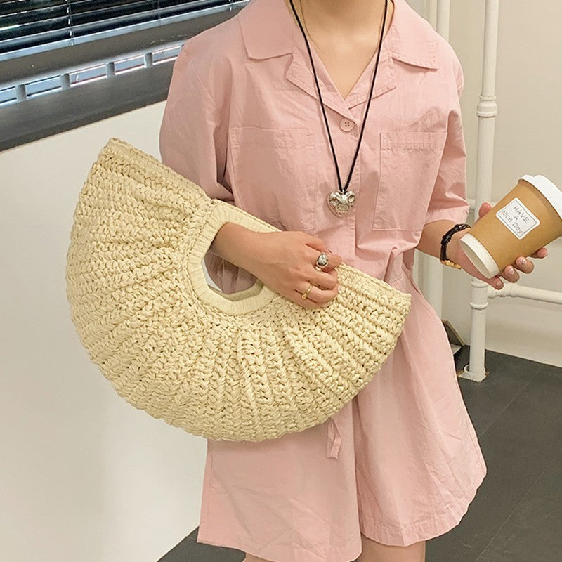 Summer Straw Women Half-moon Beach Handbag Rattan Handmade Handle Fashion Kintted Tote Bag