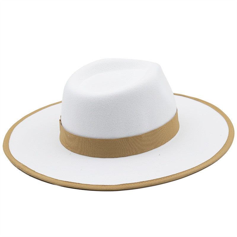 European American Fashion Feather Felt Jazz Hat Flat Wide Brim Bordered Formal Hat for Women and Men Elegant Style