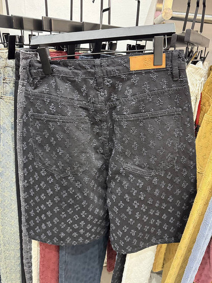 New Summer Men Distressed Short Jeans Vintage Jacquard Straight Leg Men's Denim Shorts Pants