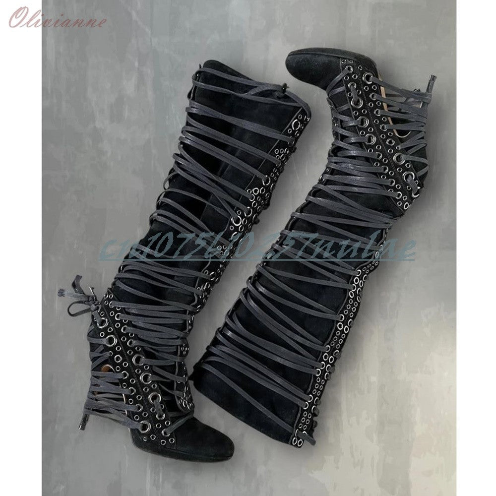 Sexy Hollow Round Rivets Strappy Mid Calf Boots Round Toe Many BFashion Sexy Strappy Women Shoes 2025 Spring Zapatos Para Mujere