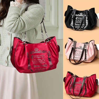 Letter Print Faux Suede Women Handbag Shoulder Bag, Retro Large Capacity Tote Bag for Daily Commuting and Hand-Carry.Pumpkin Bag