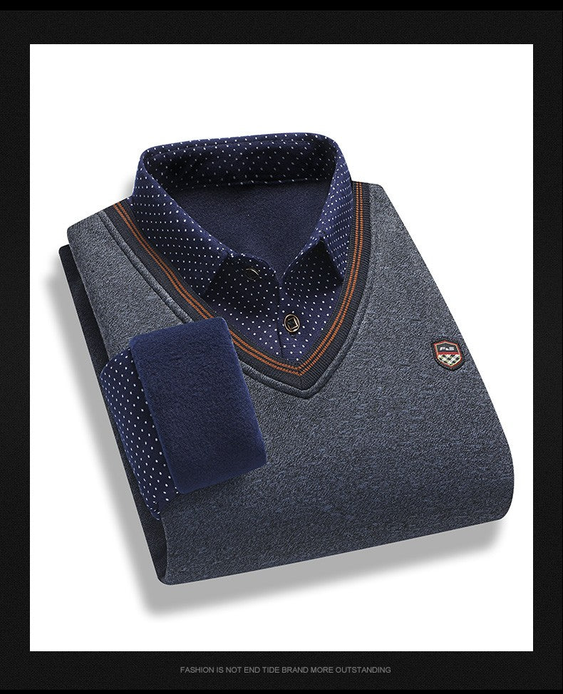 Men's Fleece Lining Sweater Autumn Winter Pullover Polo Shirt Collar Fake Two Piece Thick Warm Top Clothes Casual Knitwear