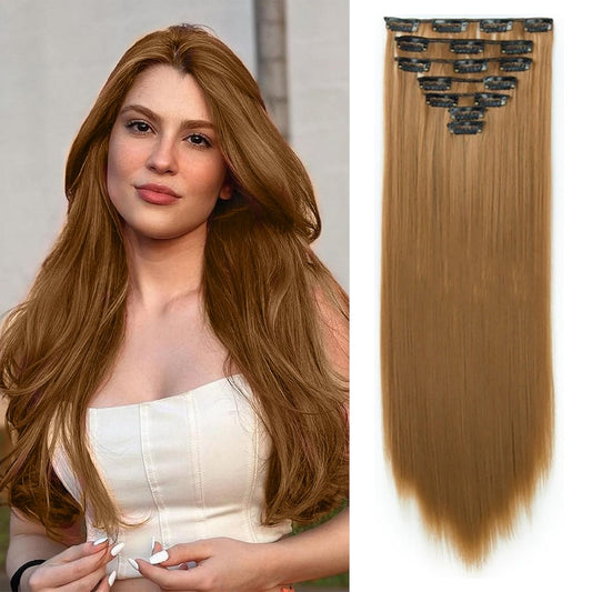 22 Inch Long straight Black Clip in Hair Extensions 130G 7pcs Synthetic Clip in Hair Extensions