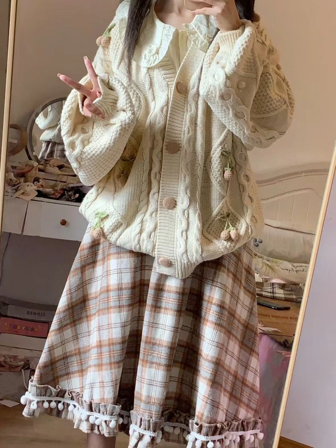 Adorable Plaid  Skirt with Faux Fur Balls in Brown Woolen Material Slimming Mid-Length for Young Girls Autumn Winter Sle