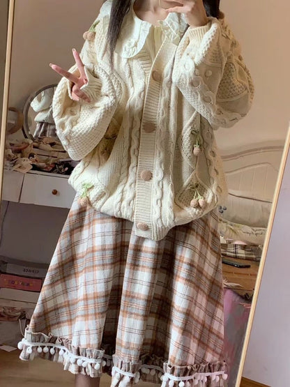 Adorable Plaid  Skirt with Faux Fur Balls in Brown Woolen Material Slimming Mid-Length for Young Girls Autumn Winter Sle