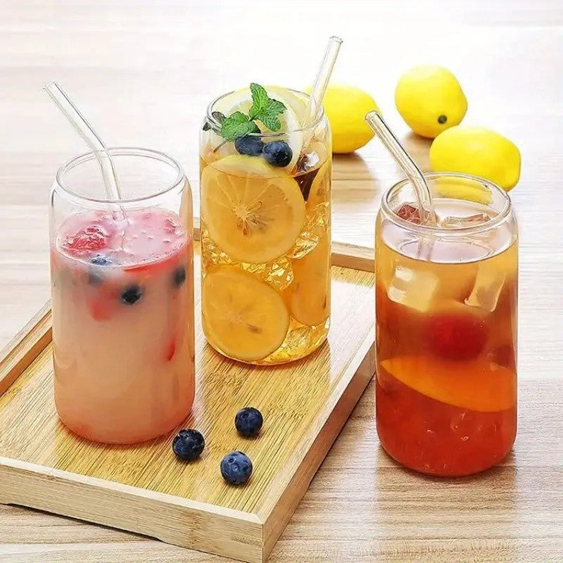 6 Copos de Vidro de 550ml com Tampa de Bambu e Canudo de Vidro - Copos para Cerveja, Café Gelado, Copos Estéticos Fofos Ótima