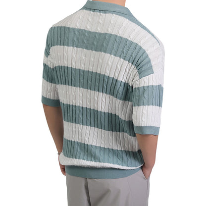 Men's Polo Short Sleeve Retro Knit Lapel Striped Short Sleeve Fashion Popular Knitwear Casual Breathable Top US Size