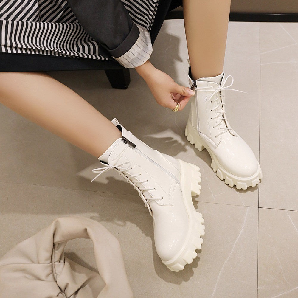 Women Boots Patent Leather Platform Shoes Brand Ankle Fashion High Heel Boots Women Autumn Winter Warm Platform Boots Black Red