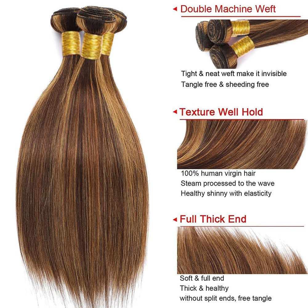 destaque 12A Pacotes de Cabelo Humano Liso com Fechamento Loiro Mel Pacotes de Cabelo Humano 100% Virgem Cru Birmanês