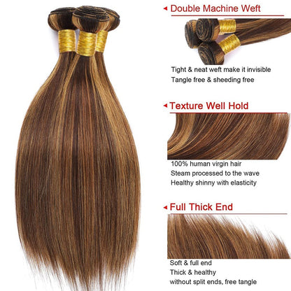 destaque 12A Pacotes de Cabelo Humano Liso com Fechamento Loiro Mel Pacotes de Cabelo Humano 100% Virgem Cru Birmanês