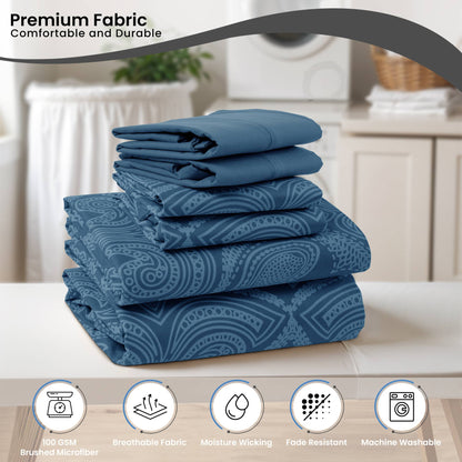 Lux Decor 6Pc Paisley Sheet Set – Soft Microfiber, Wrinkle-Free, Luxurious Printed Bed Sheets